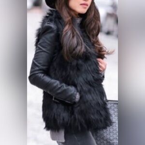 Rabbit Fur Vest Zip M Black Leather Trim Charles Klein Real Fur Collar Pockets